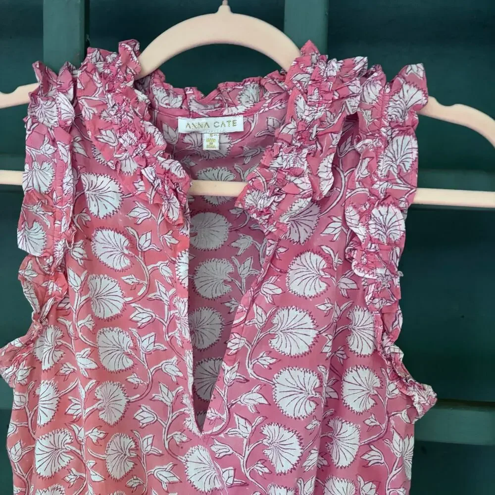 Anna Cate Morgan Dress Pink Floral Smocked Mini cotton Ruffle Sz S boho coastal - Picture 3 of 7